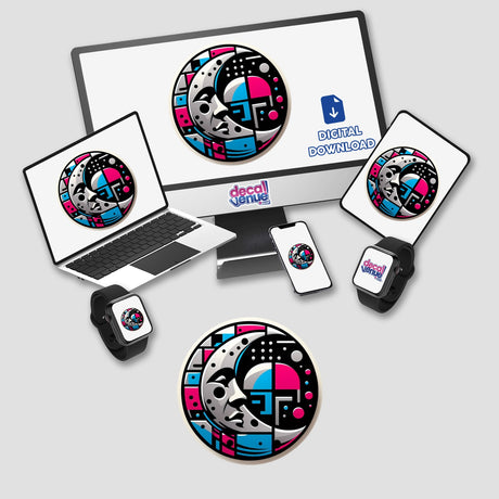 Computer monitor and laptop displaying a logo, with additional devices. Product title: Moon, available as stickers or digital artwork.