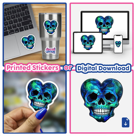 Galactic Heart Skull vinyl sticker and digital artwork collage, featuring a skull with a heart shape, displayed on a laptop and cup, embodying Decal Venue's unique design style.