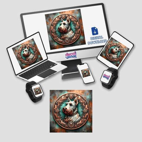 Detailed digital portrait of a Scottish Terrier surrounded by an ornate, antique-style medallion against a vibrant, textured background, showcased across various digital devices by Decal Venue.