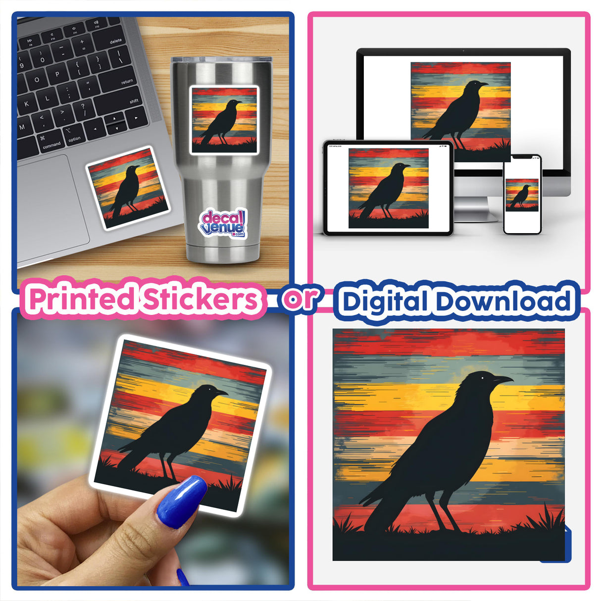 Bird Silhouette with Vibrant Stripes displayed as stickers on a laptop and digital artwork in a collage, featuring birds in various poses.