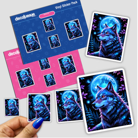 Sticker titled A Wolf In The Night With A Bright Moon featuring a wolf, moon, and trees design. Close-up shows vivid detail, available as stickers or digital artwork from Decal Venue.
