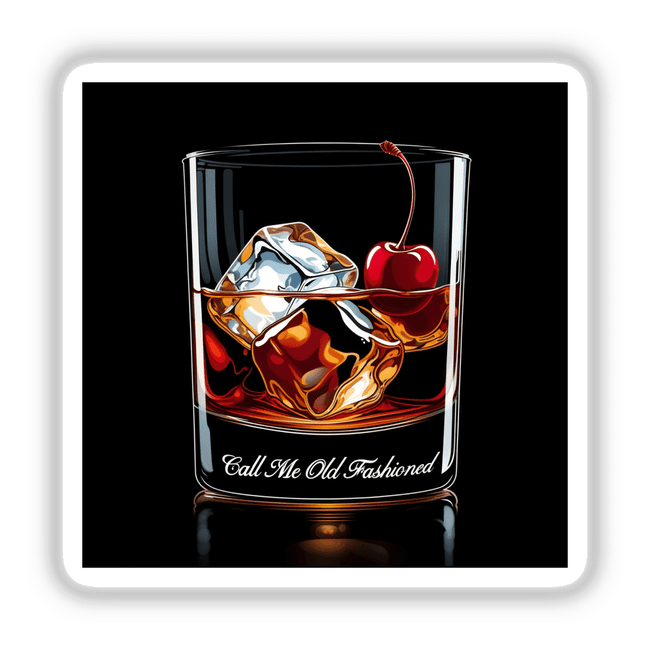 Call Me Old Fashioned Drink: A glass with ice, a cherry, and whiskey, available as stickers or digital artwork, capturing the essence of a classic cocktail for Decal Venue's unique collection.