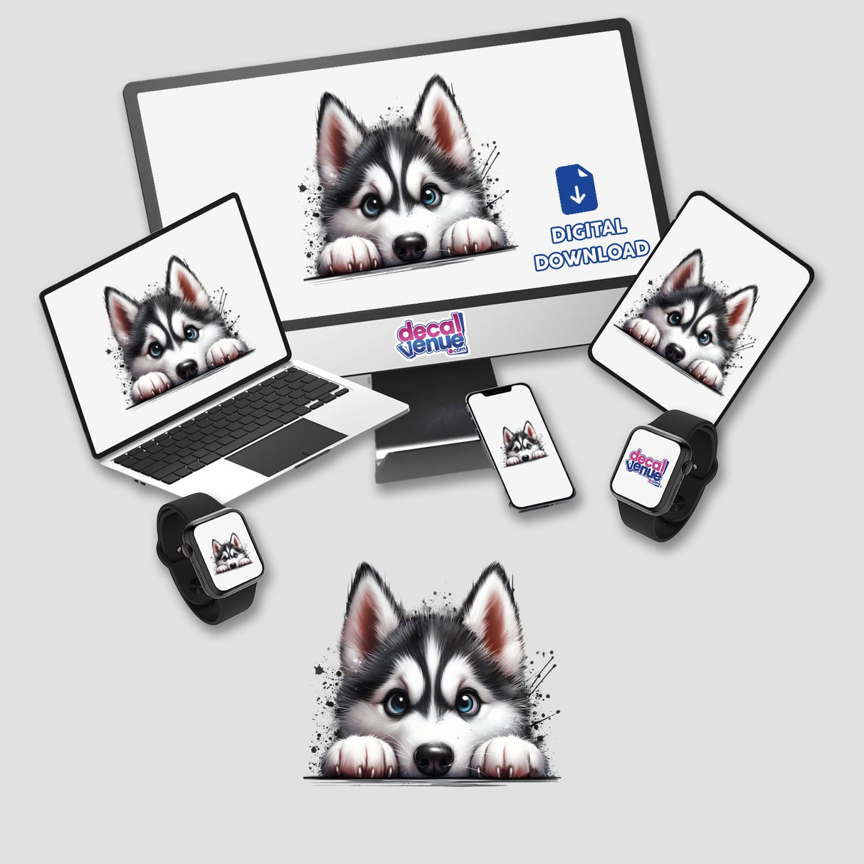 Peeking Husky Dog Splatter design displayed on a computer monitor and laptop. Ideal as stickers or digital artwork, showcasing a black and white puppy with blue eyes.