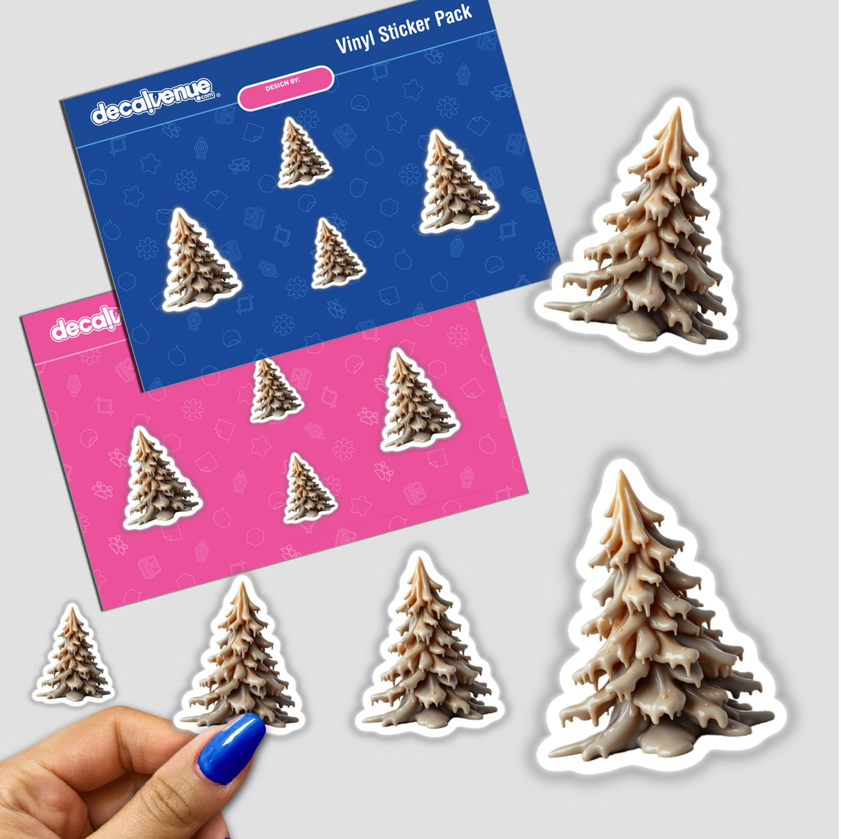 Sticker pack featuring the Christmas Tree Dripping Candle Wax design, showcasing unique Christmas tree motifs. Available as stickers or digital artwork from Decal Venue.