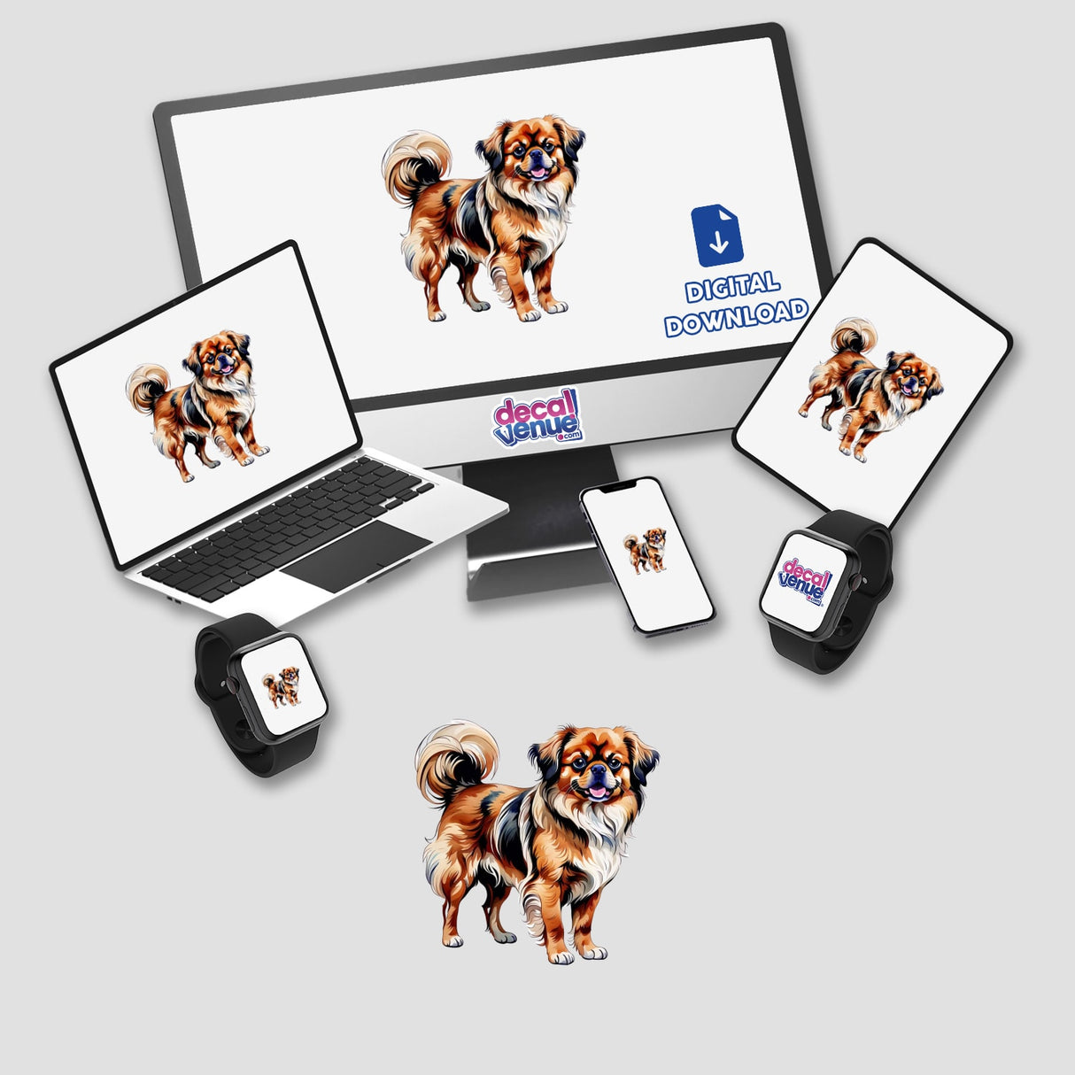 Tibetan Spaniel Dog Watercolor Clipart & Stickers – Commercial Rights, featuring a computer and laptop displaying a dog illustration on the screens.