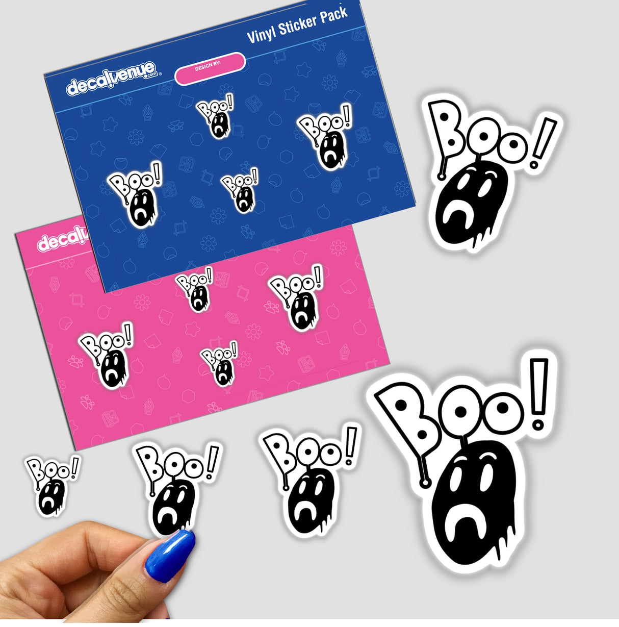 Boo Ghost Face stickers featuring cartoon faces with surprised expressions, available as unique stickers or digital artwork from Decal Venue.