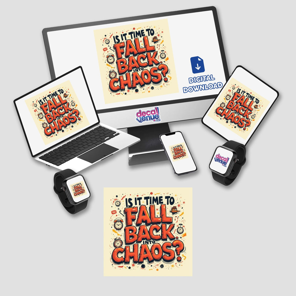 Fall Back Into Chaos Daylight Savings Sticker & Downloadable Clipart features humorous time change elements like clocks, computer screens, and gadgets, perfect for adding a playful touch to your digital or physical collection.