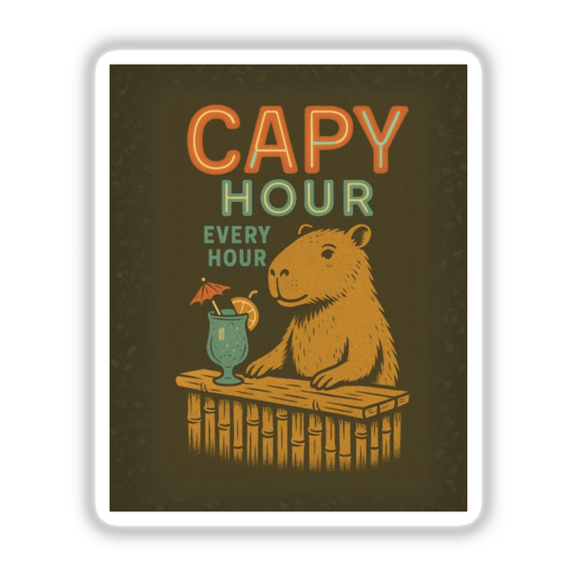 Capy Hour Sticker or Clipart with Commercial Rights - Tropical Capybara Bar Design featuring a cartoon rodent relaxing under an umbrella, available as unique vinyl stickers or digital art from Decal Venue.