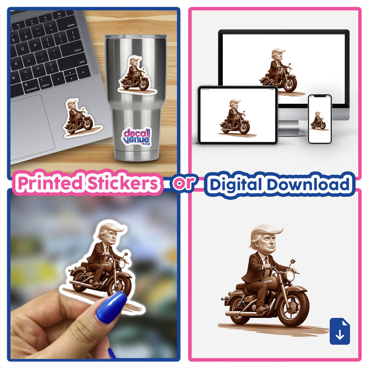 President Donald Trump on a motorcycle depicted in a collage of cartoons and caricatures, available as unique vinyl stickers or digital artwork, showcasing a playful and distinctive style.