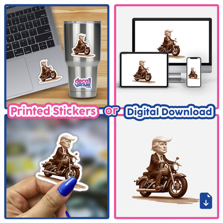 President Donald Trump on a motorcycle depicted in a collage of cartoons and caricatures, available as unique vinyl stickers or digital artwork, showcasing a playful and distinctive style.