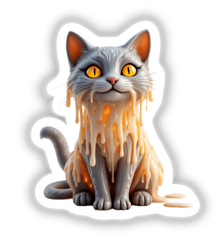Cat Dripping Candle Wax: A stylized representation of a cat with melted eyes in digital art form, available as stickers or digital artwork, highlighting its unique and artistic design.