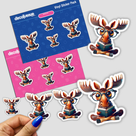 Moose With Reading Glasses Open Book stickers feature a cartoon moose engrossed in reading. Available as a sticker pack or digital artwork, showcasing Decal Venue's unique vinyl creations.