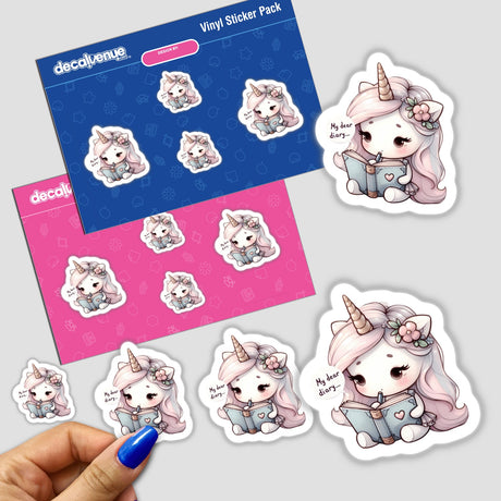 Cute unicorn stickers with adorable expressions displayed on product packaging from Decal Venue, an online store offering unique digital artwork and stickers.