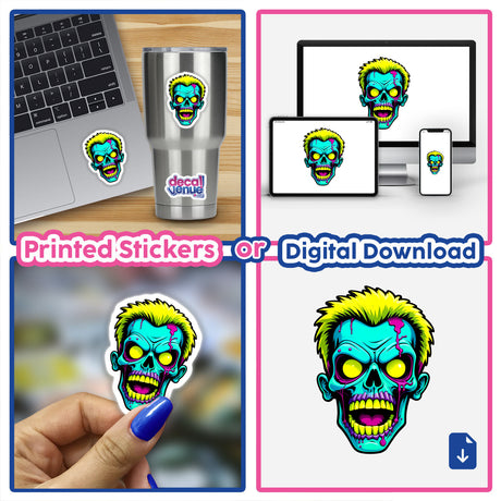 Collage featuring A Cool Neon Punk Zombie Skull sticker, showcasing its use on laptops, cups, and nails, embodying Decal Venue's unique vinyl sticker collection and digital art offerings.
