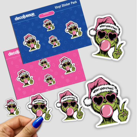 Santa Pink Bubblegum Merry Green Grouchmas features cartoon stickers with characters like a peace-sign hand, bubblegum character, and sunglasses-wearing figures. Available as stickers or digital artwork.