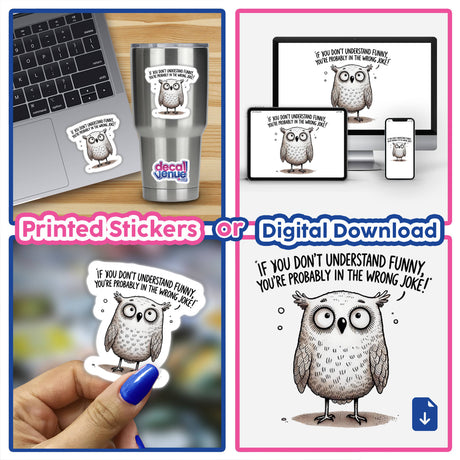 Collage featuring a laptop adorned with an Owl If You Don’t Understand Funny sticker and various cartoon owl illustrations, highlighting the unique sticker and digital art offerings from Decal Venue.