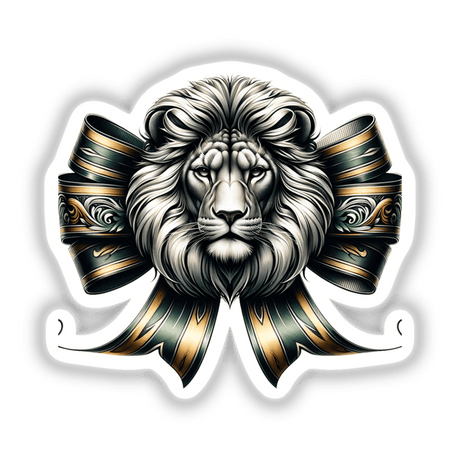 Lion Coquette Bow Green Gold: A detailed illustration of a lion adorned with a bow, showcasing artistic, cartoon-style elements. Available as stickers or digital artwork from Decal Venue.