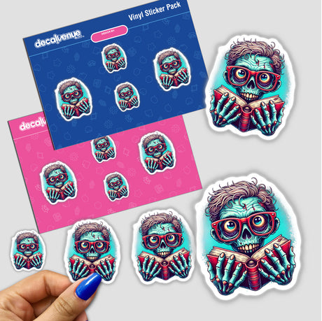 Colorful digital artwork featuring a zombie character wearing reading glasses and holding a book, surrounded by additional zombie-themed vinyl stickers, all presented on a Decal Venue product packaging image.