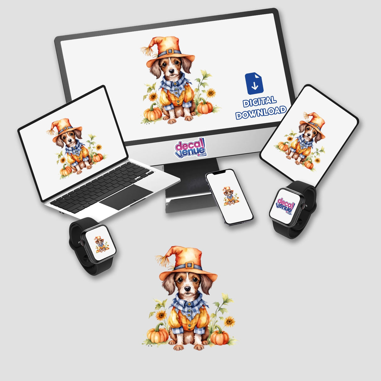 Cute Doxiepoo Scarecrow Clipart displayed on a computer monitor and laptop, featuring a dog with pumpkins. Ideal as a Fall Dog Sticker or Halloween Digital Download with Commercial Rights.