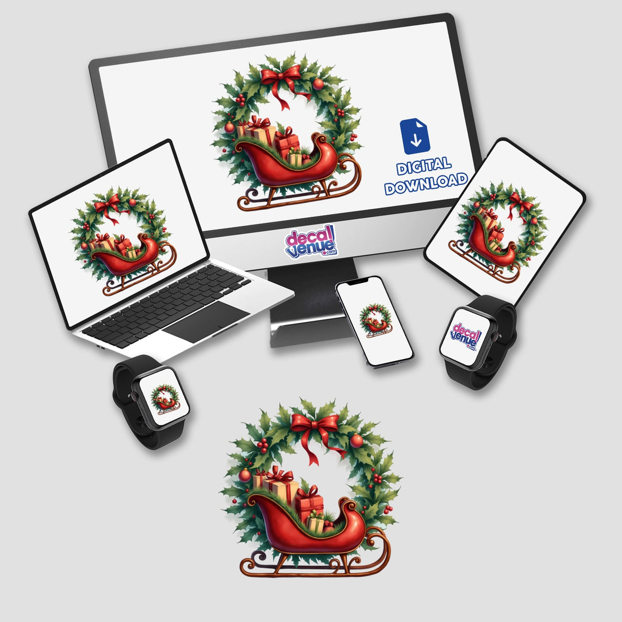 Vintage Sleigh with Presents in a Christmas Wreath displayed on a computer monitor and laptop, showcasing DecalVenue's festive digital artwork for stickers or download. Ideal for holiday crafts and decor.