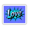 Love Valentine's Day design featuring a creative blue and white graphic with abstract lettering, available as unique stickers or digital artwork.