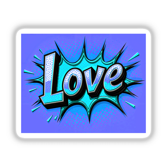 Love Valentine's Day design featuring a creative blue and white graphic with abstract lettering, available as unique stickers or digital artwork.