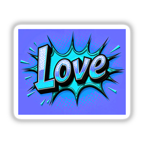 Love Valentine's Day design featuring a creative blue and white graphic with abstract lettering, available as unique stickers or digital artwork.