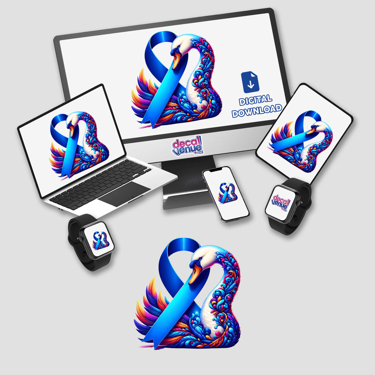 Swan Colon Cancer Awareness Blue Ribbon digital artwork displayed on various devices, including a laptop and smartwatch, available as stickers or digital downloads from Decal Venue.
