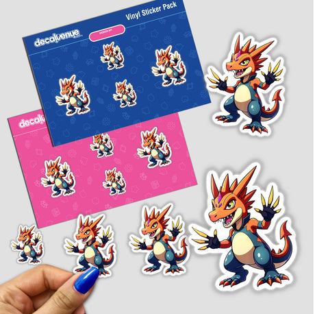 Dino Fighter - Cretaceous Crusher stickers featuring vibrant cartoon dragons, showcased with a hand holding a sticker pack, perfect for unique vinyl collections or digital artwork.