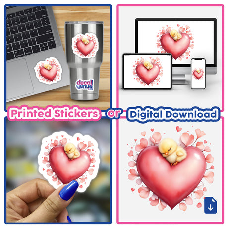 Sleeping Chick on a Heart with Petals sticker featuring a cute chick nestled on a heart, encapsulating tranquility and love, available at Decal Venue for personalization or digital collections.
