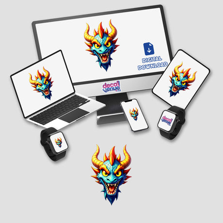 A Cool Fantasy Dragon illustration displayed on a computer monitor and laptop, showcasing its vibrant cartoon style, available as unique stickers or digital artwork from Decal Venue.