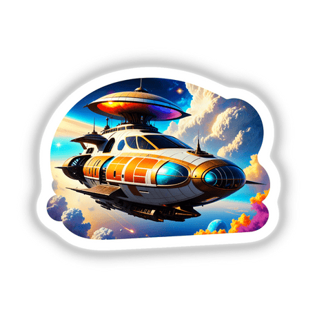 A Cool Retro Spaceship cartoon illustration, showcasing a vintage-style UFO soaring in the sky, available as stickers or digital artwork from Decal Venue.