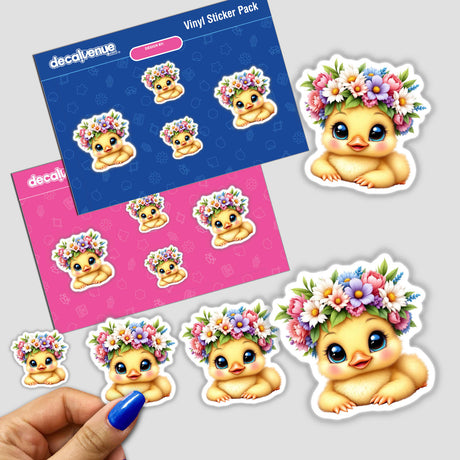 Cute Duckling with a Spring Flower Crown sticker held in hand; features cartoon baby chick adorned with flowers, perfect for adding a whimsical touch to any space.