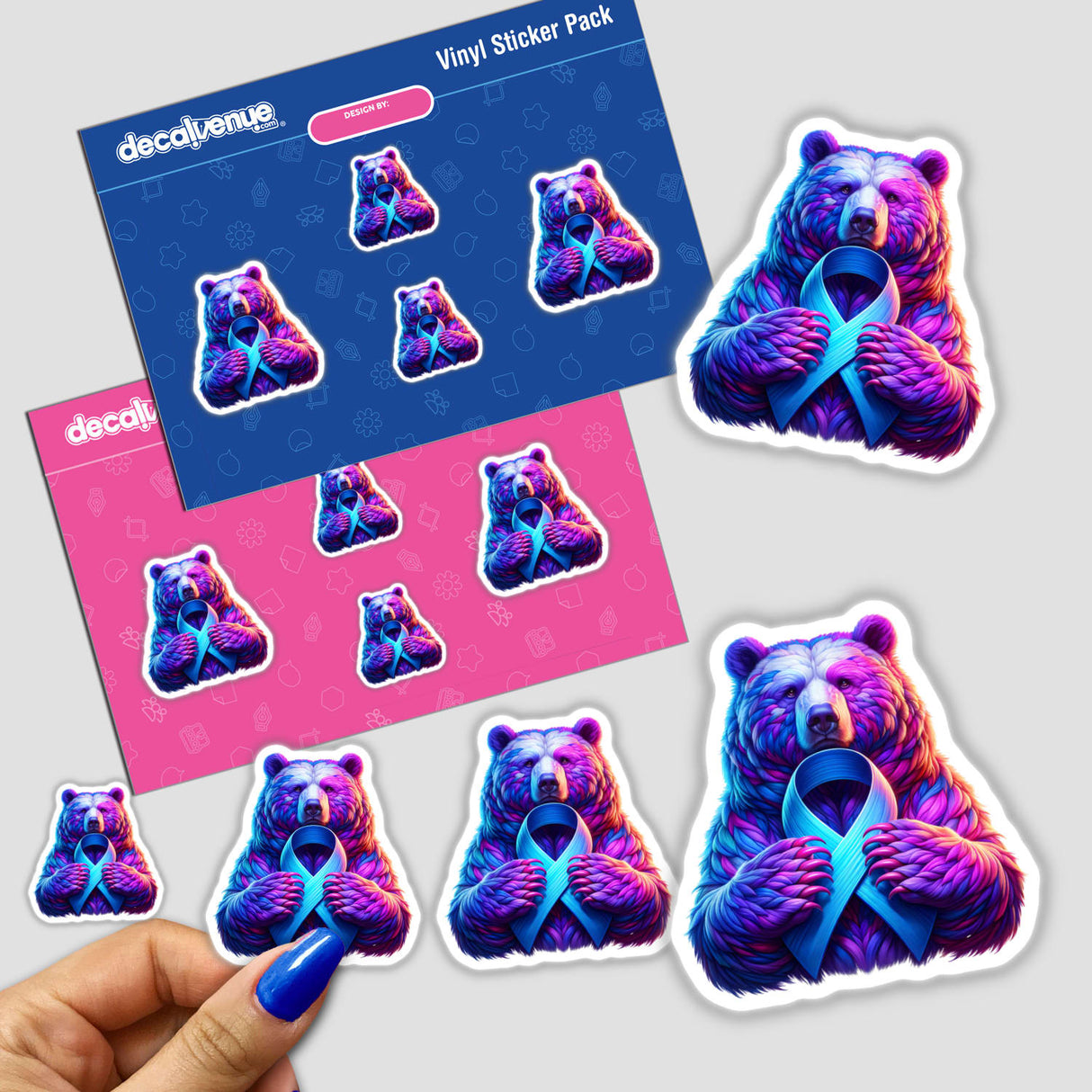 Bear Periwinkle Ribbon Stomach Cancer Awareness sticker featuring a bear holding a blue ribbon, symbolizing support. Available as a sticker or digital artwork from Decal Venue.