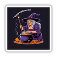 Happy Halloween Witch Sticker: Cartoon of a witch cooking in a cauldron with a purple cat nearby, perfect for unique stickers or digital artwork from Decal Venue.