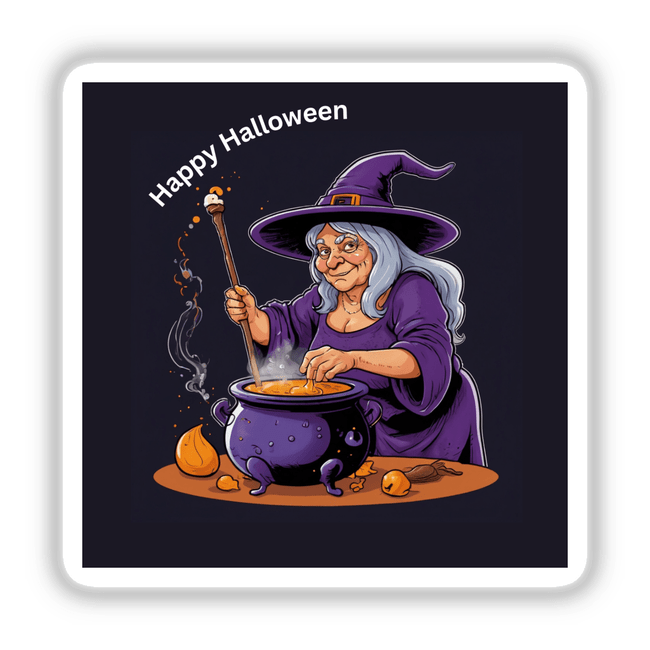 Happy Halloween Witch Sticker: Cartoon of a witch cooking in a cauldron with a purple cat nearby, perfect for unique stickers or digital artwork from Decal Venue.
