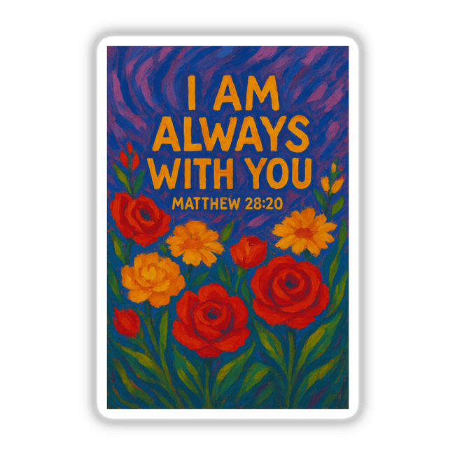 I Am Always With You Christian Sticker or Clipart showcases Matthew 28:20 in elegant floral art, available as stickers or digital artwork, offering commercial rights through Decal Venue's unique collection.