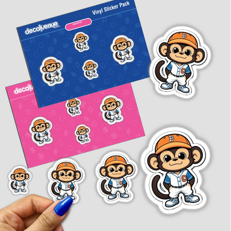 Colorful baseball-themed monkey stickers displayed on a pink and blue background, showcasing the varied poses and expressions of the playful primate character. The sticker sheet and individual stickers demonstrate the product's vibrant design and whimsical appeal.
