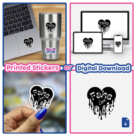 Collage featuring a laptop adorned with a Fake Love sticker, showcasing Decal Venue's unique stickers and digital art collection, available as both stickers and digital artwork.
