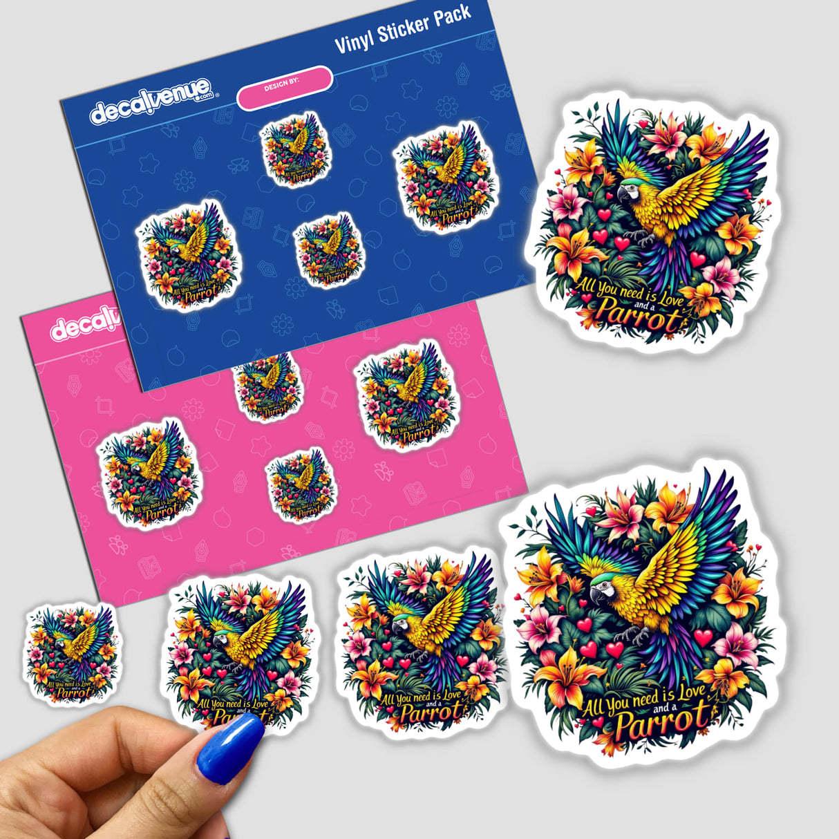 Love and a Parrot sticker pack featuring vibrant birds and flowers, showcasing unique vinyl designs. Available as stickers or digital artwork from Decal Venue.
