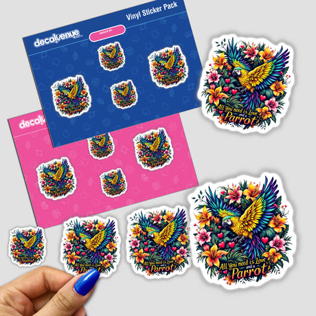 Love and a Parrot sticker pack featuring vibrant birds and flowers, showcasing unique vinyl designs. Available as stickers or digital artwork from Decal Venue.