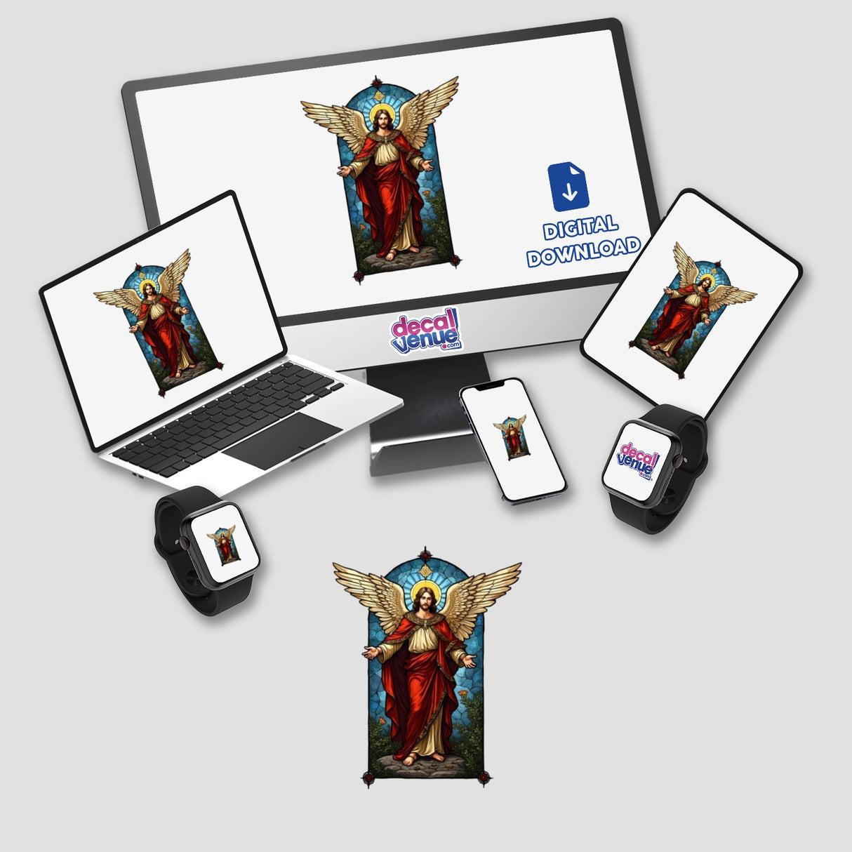 Stained Glass Archangel Michael Clipart on computer screen and laptop, showcasing digital artwork available as stickers or downloads, emphasizing religious themes with commercial rights for unique creations.