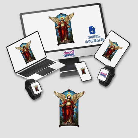 Stained Glass Archangel Michael Clipart on computer screen and laptop, showcasing digital artwork available as stickers or downloads, emphasizing religious themes with commercial rights for unique creations.