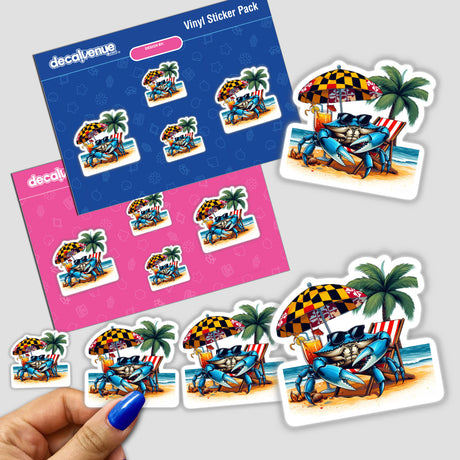 Maryland Shore Blue Crab Sitting in Beach Chair III sticker featuring a cartoon crab lounging with sunglasses, surrounded by palm trees, a beach umbrella, and playful elements. Available as stickers or digital artwork.