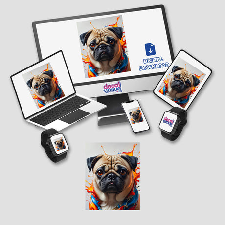 A Cute Pug - Animal Portrait displayed on a laptop and monitor, showcasing a charming pug face, available as stickers or digital artwork from Decal Venue.