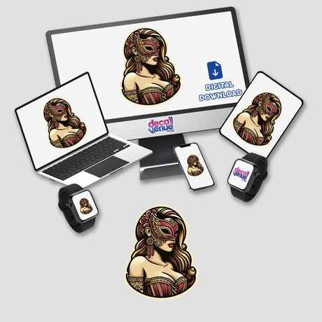 Masked woman digital artwork displayed on a computer monitor and laptop screen. Available as stickers or digital artwork from Decal Venue.