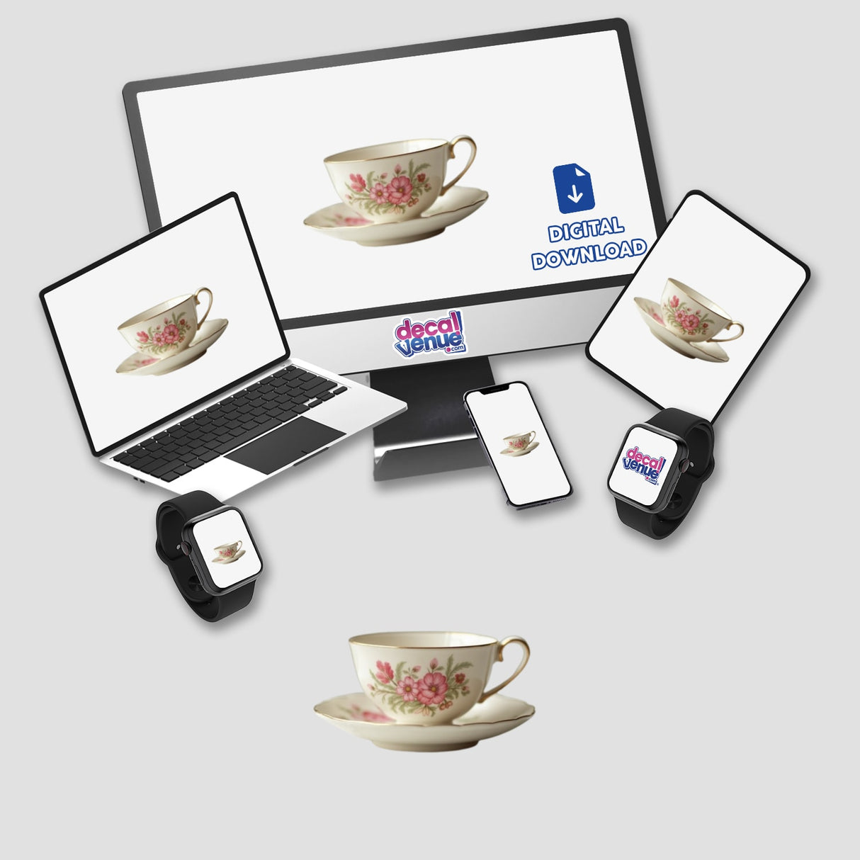 Vintage Cottagecore Teacup Sticker or Commercial Rights Download featuring a delicate teacup and saucer, displayed on various devices including a laptop, tablet, and smartphone.
