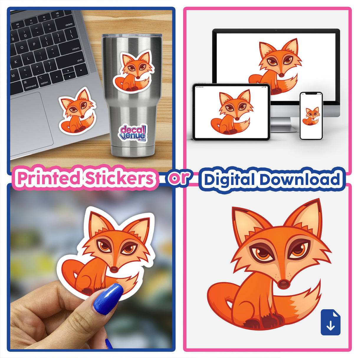 Cartoon Red Fox sticker collage, featuring individual stickers and a sticker pack, including images of a fox on a laptop and cup, highlighting Decal Venue's unique digital art style.