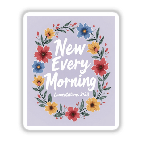 New Every Morning Lamentations 3:23 Sticker or Clipart features a floral wreath with sunflowers and petals, embodying a serene and inspirational design available as stickers or digital artwork.