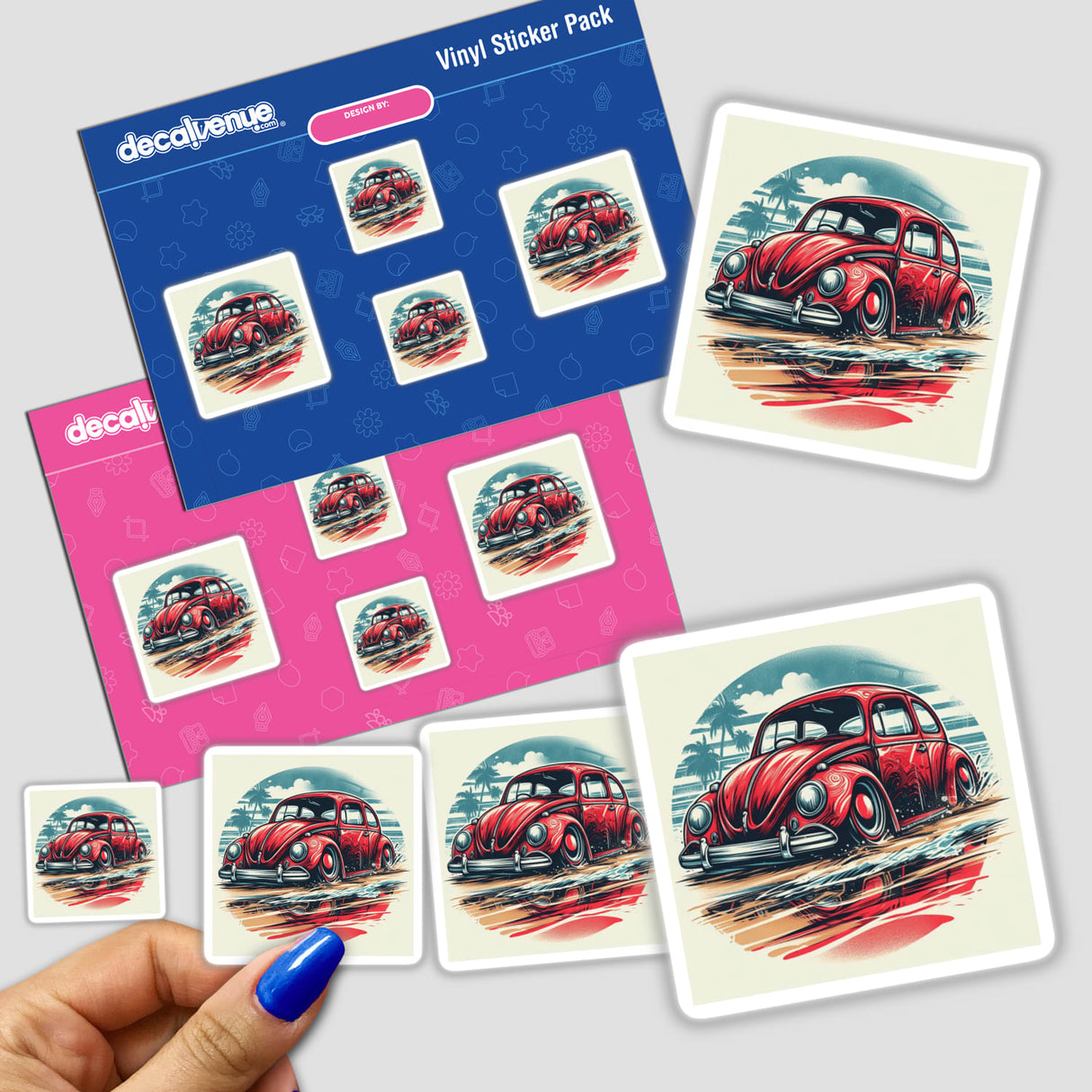 Retro VW Bug digital artwork stickers on pink and blue product packaging from Decal Venue, an online store selling unique stickers and digital downloads created by talented designers.